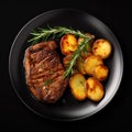Steak with potatoes and rosemary on a plate on black. Generative AI