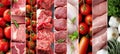 Steak products collage with white vertical lines and bright light shining on 7 segments Royalty Free Stock Photo