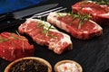 Variety Steak raw. Barbecue Rib Eye Steak, dry Aged Wagyu Entrecote Steak