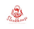 Steak, rosemary, pepper and sauce is poured from the stewpan, logo design. Steakhouse, chophouse, meat, meal and food, vector desi Royalty Free Stock Photo