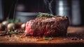 Steak with rosemary and spices on a wooden board. Restaurant