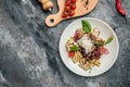 Steak salad Barbecue dish. Beef steak and grilled vegetables. banner, menu, recipe place for text, top view Royalty Free Stock Photo