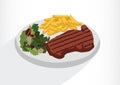 Steak With Salad and French fries on a plate. Vector illustration on a white background