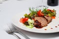 Steak salad with tomato, lettuce, cucmber and dill