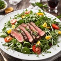 A steak Salad on a white plate with egg and cherry tomatoes Royalty Free Stock Photo