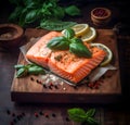 Steak of salmon fish with basil spice