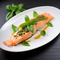 Steak of salmon fish with basil spice