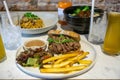 Steak Sandwich mit Pommes und Salat, Spaghetti Bolognese Taiwanesische Reis-Bowl mit Geschmortem Schweinefleisch und GetrÃÂ¤nke auf Royalty Free Stock Photo