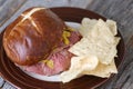 Steak Sandwich with Pretzel Bun Royalty Free Stock Photo
