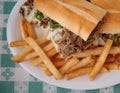 Steak sandwich on white plate top view Royalty Free Stock Photo