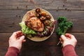 Steak serving. Grilled meat with fresh vegetables. Royalty Free Stock Photo