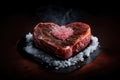 Steak in the shape of a heart with salt on a dark background. Generative AI