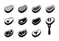 Steak silhouette icons set. Outline beef with bone, fat, grill strips, fork. Different views of raw meat for packaging design. Royalty Free Stock Photo