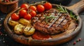 A steak with tomatoes and potatoes on a wooden plate, AI Royalty Free Stock Photo