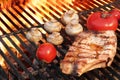 Steak and Vegetables Char-Grilled Over Flaming BBQ Grill