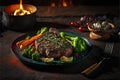 a steak and vegetables on a plate with a fire in the background at night time, with a fork and knife to the side of the plate, and Royalty Free Stock Photo