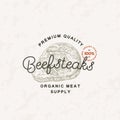 Steak Vintage Vector Label Logo Template. Engraving Style Meat Illustration with Typography. Hand Drawn Retro Beef Steak Royalty Free Stock Photo
