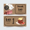 Steak voucher design with cheese, steak watercolor illustration