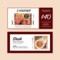 Steak voucher design with french fries, steak watercolor illustration