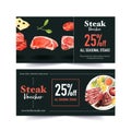 Steak voucher design with fresh meat, grilled meat watercolor illustration