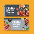 Steak voucher design with grilled meat, pepper watercolor illustration