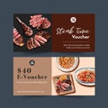 Steak voucher design with grilled meat, spaghetti watercolor illustration