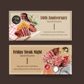 Steak voucher design with grilled meat, spaghetti watercolor illustration