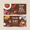 Steak voucher design with spaghetti, steak,, french fries watercolor illustration