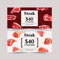 Steak voucher design with various types of meat watercolor illustration