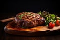 Steak on Wood Dish with Vegetables, Tomato, and Salad. A Delicious and Healthy Meal