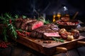 Steak on Wood Dish with Vegetables, Tomato, and Salad. A Delicious and Healthy Meal