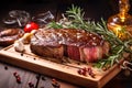 Steak on Wood Dish with Vegetables, Tomato, and Salad. A Delicious and Healthy Meal