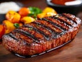 A steak on a wooden cutting board with vegetables and sauce Royalty Free Stock Photo