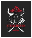 Steakhouse logo with bull head on dark background