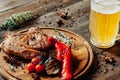 Steakhouse menu grilled meat vegetables beer mug