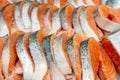 Steaks of fresh salmon. Sale on ice. Seafood shop