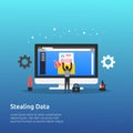 Stealing data on monitor design concept. Hacker character doing cyber crime to steal private information via networking. Computer Royalty Free Stock Photo