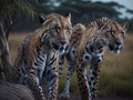 Two magnificent leopards stalking oncoming prey