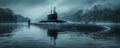 Stealth submarine emerges in misty lake against a backdrop of dense forest