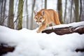 stealthy cougar in snowy forest, approaching deer