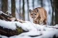 stealthy cougar in snowy forest, approaching deer