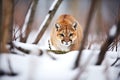 stealthy cougar in snowy forest, approaching deer