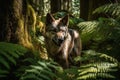 Stealthy Gray Wolf Prowling Through Dense Boreal Forest, Ferns, Moss-Covered Trees, Dappled Sunlight Royalty Free Stock Photo