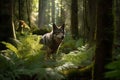 Stealthy Gray Wolf Prowling Through Dense Boreal Forest, Ferns, Moss-Covered Trees, Dappled Sunlight Royalty Free Stock Photo