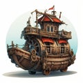 Fantasy Steam Ship With Gears: Detailed Caricature-like Illustration