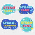 Steam Class, Camp and Zone Colorful Stickers or Banners for Kids Playrooms and School Spaces. Vector Illustration Royalty Free Stock Photo