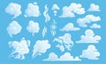Steam clouds set. White cartoon sky and steam clouds on blue background. Vector illustration