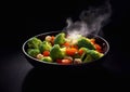 Steam cooked healthy vegetables in bowl plate in kitchen.Macro.AI Generative Royalty Free Stock Photo