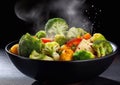 Steam cooked vegetables in bowl plate on black.Macro.AI Generative