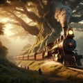 A steam engine that is also a giant tree, its branches and lea